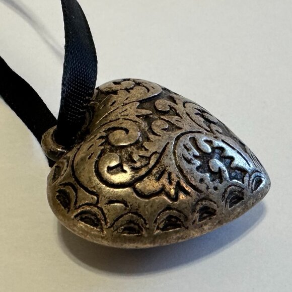 Ornate Silver Heart Medallion on Black Satin Ribbon Necklace - Picture 5 of 5